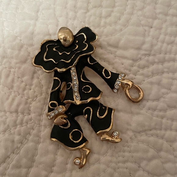 1980s Black clown pin/brooch with gold and crystal/white stone accents. - Picture 1 of 5